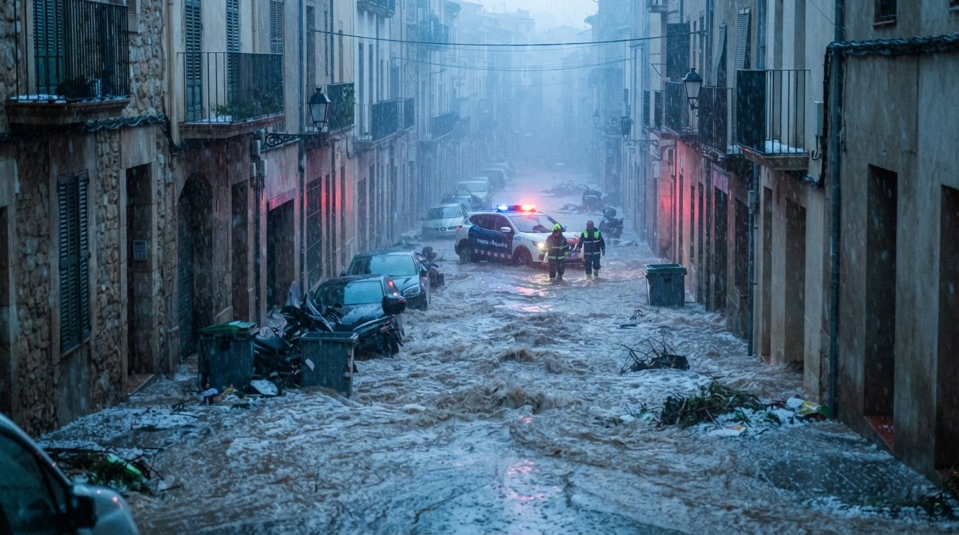A flooded street in Tarragona, Spain, shows submerged vehicles and debris during a severe rain and hailstorm as emergency services respond to the crisis.