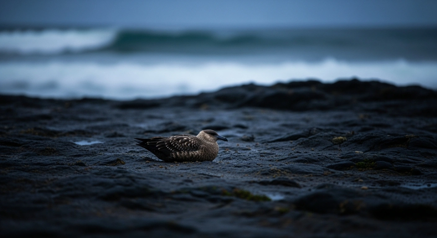 A deceased brown skua lies on a remote Tasmanian beach following the first recorded case of H5N1 avian influenza in the state.
