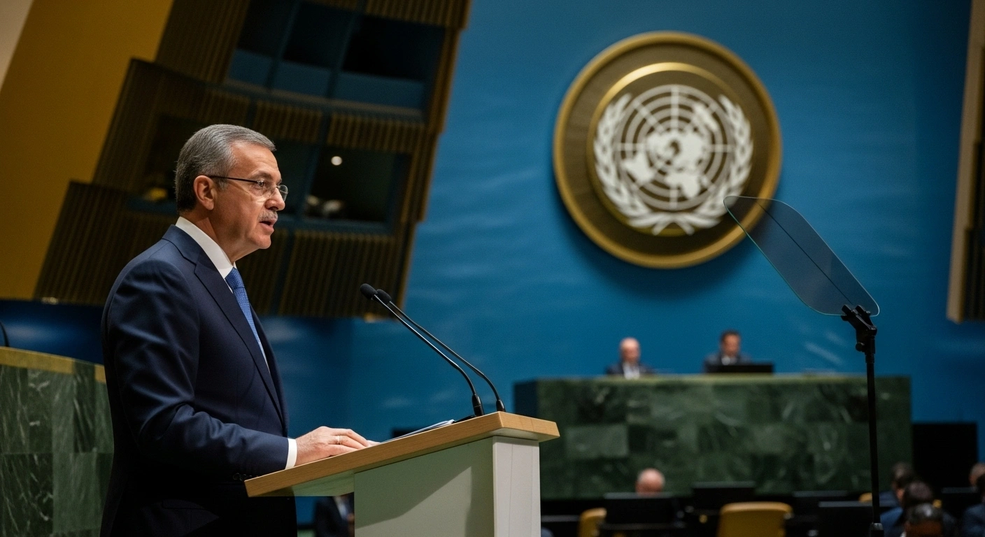 Turkish Republic of Northern Cyprus President Ersin Tatar stands at a modern podium in the UN General Assembly hall, illuminated by cool, directional light, as he advocates for a two-state solution to the Cyprus issue.