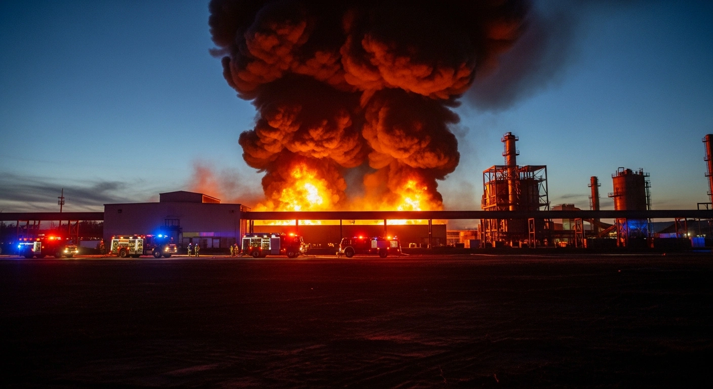 Emergency vehicles respond to a large fire at a rubber manufacturing plant in the Tatarstan region of Russia.