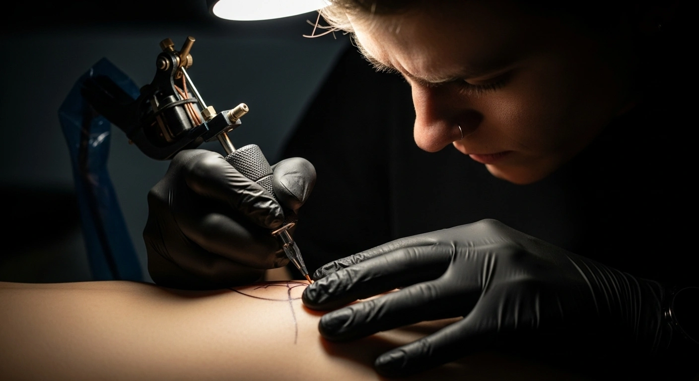 Close-up of a beginner's hands practicing professional tattooing techniques on silicone skin with a tattoo machine, as part of the new 'Tattoo Basics' course at Kunstschule Liechtenstein, guided by artist Dietmar Gassner.