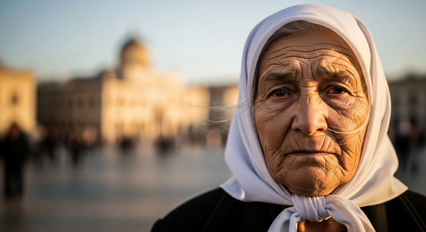 A portrait of Taty Almeida, the late leader of the Mothers of Plaza de Mayo, wearing her signature white headscarf while standing in a public square.