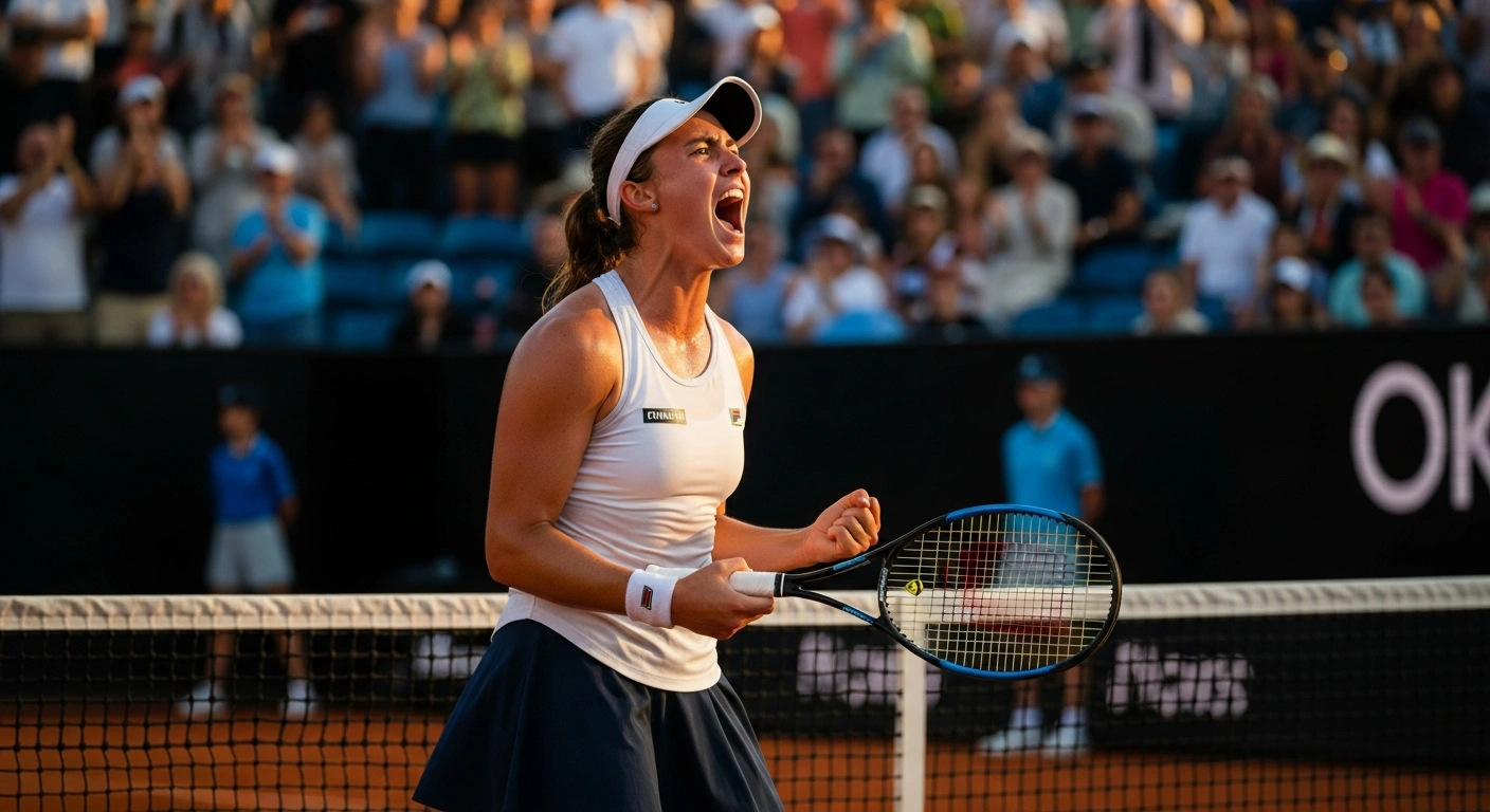 Australian tennis player Taylah Preston celebrates her maiden top-level quarterfinal victory at the Hobart International, captured mid-roar on a sunlit court with a cheering crowd in the background.