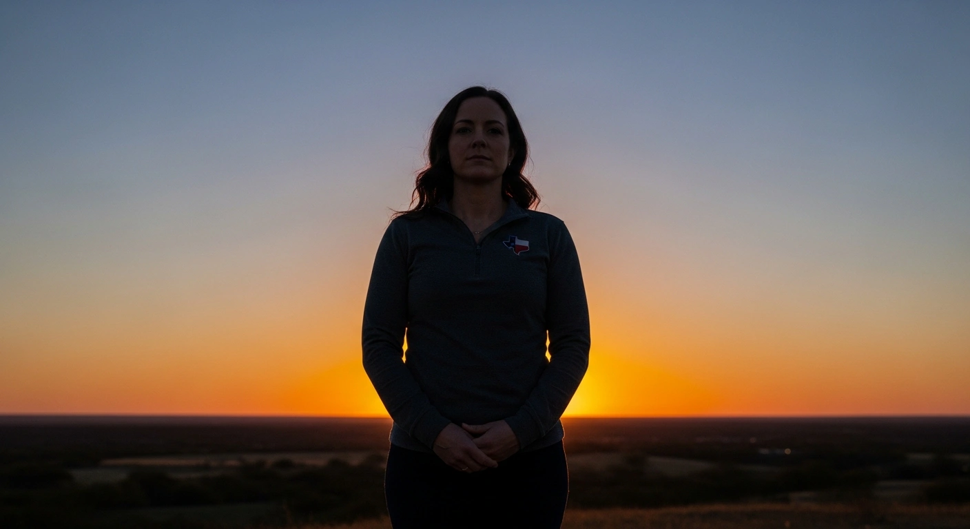 A determined woman, representing Democrat Taylor Rehmet, stands silhouetted against a vibrant Texas sunrise over an open landscape, reflecting her significant victory in the Texas State Senate District 9 special election where she flipped a long-held Republican seat.