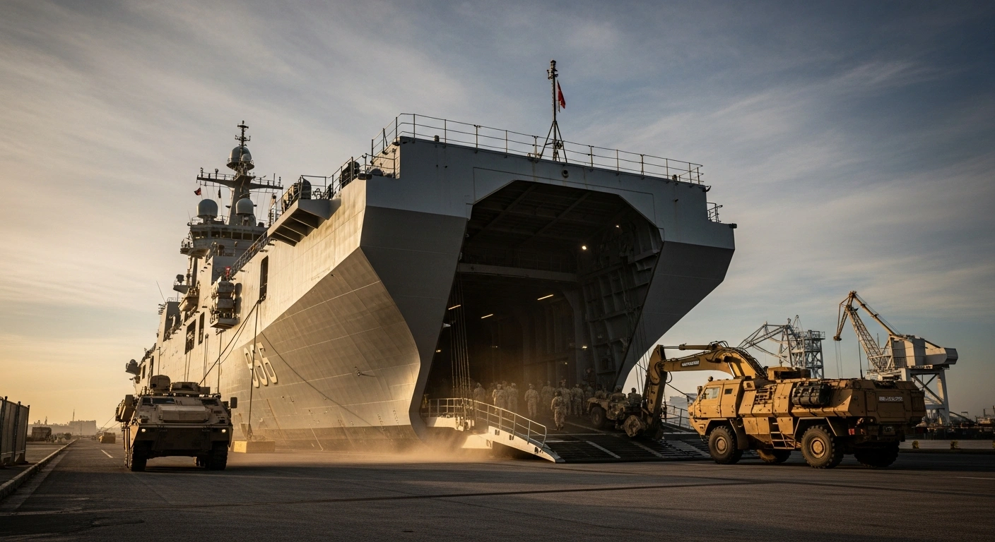 A low-angle view captures the Turkish amphibious assault ship TCG Anadolu with its stern ramp lowered, offloading armored vehicles and uniformed personnel onto a European port during the NATO 'Steadfast Dart-26' exercises.