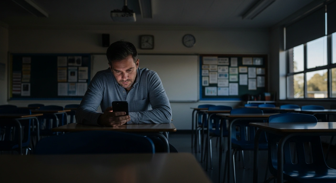 A disheveled male teacher sits alone in a dimly lit classroom, his face partially illuminated by a smartphone screen, reflecting on the serious misconduct that occurred during a manic episode at school.