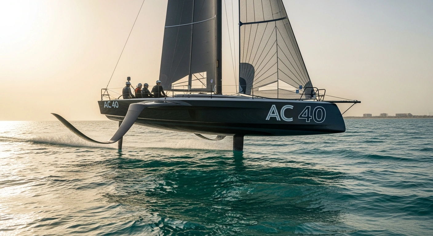An Emirates Team New Zealand AC40 yacht foils across the water during a preliminary regatta in Jeddah, Saudi Arabia, in preparation for the 37th America's Cup.