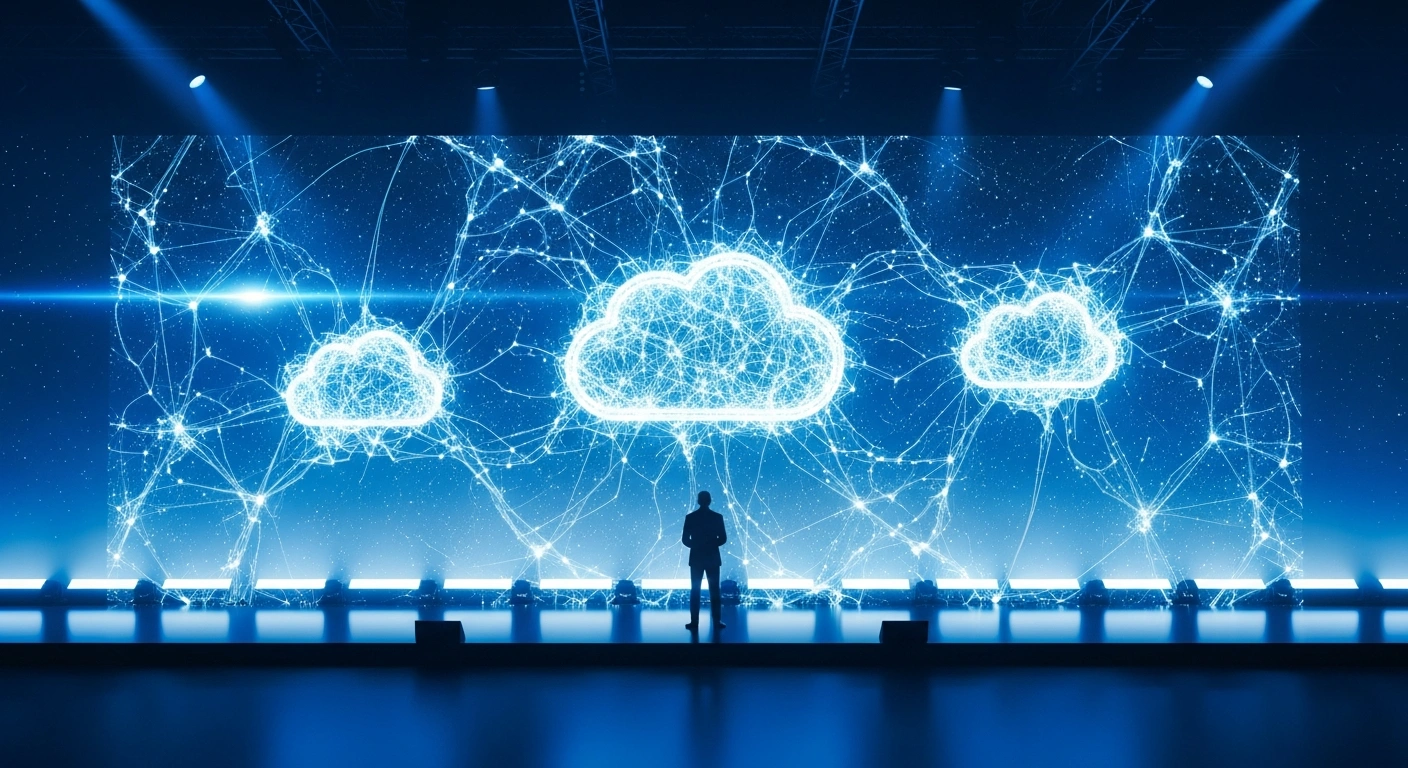 A professional technology conference stage in Frankfurt features a large holographic display showcasing artificial intelligence and cloud computing advancements for global industry leaders.