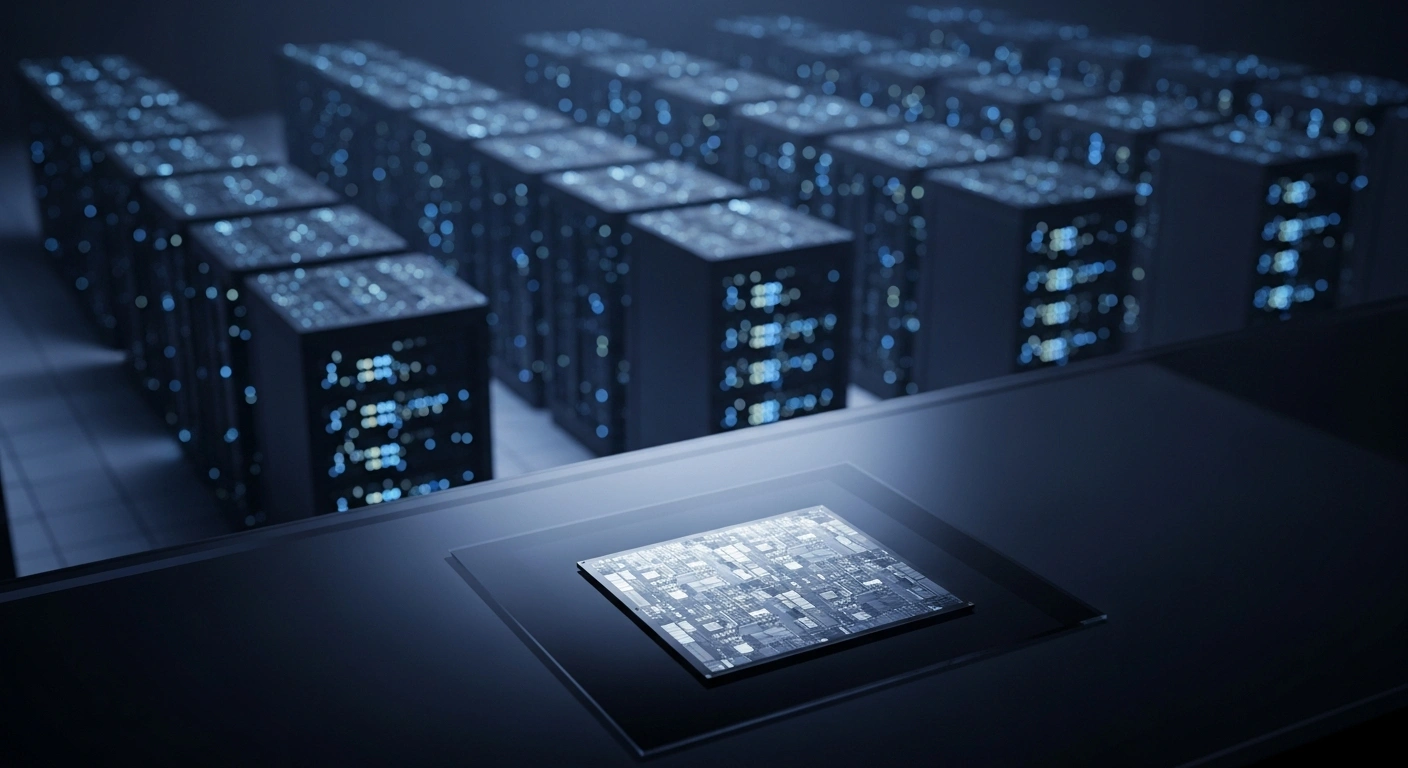 A silicon wafer sits on a desk in a dark server room, representing the financial volatility and investor concerns surrounding artificial intelligence infrastructure investments.