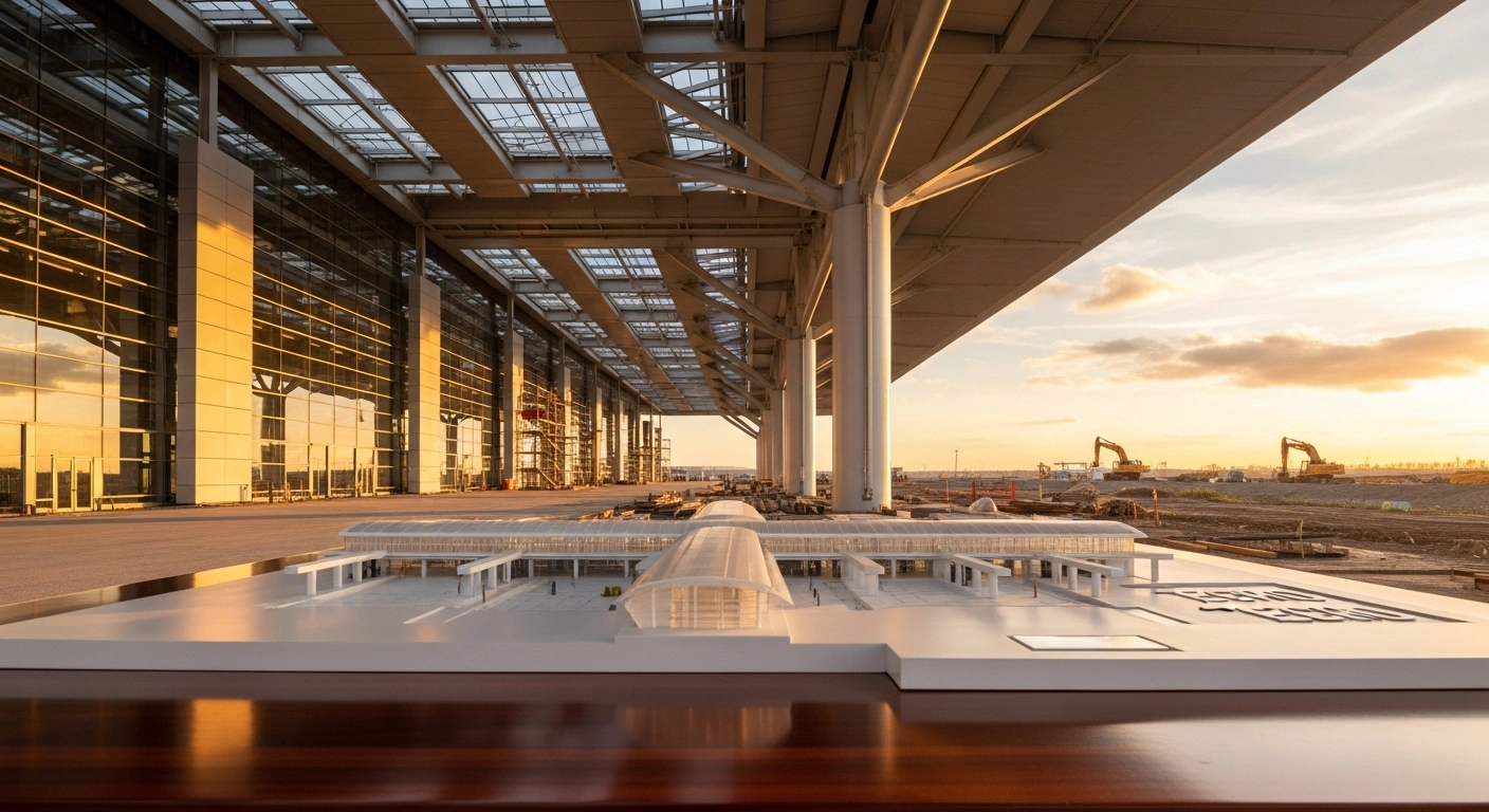 A modern construction site for the Techo International Airport in Cambodia is illuminated by the warm light of a sunset, representing the infrastructure project supported by U.S. and Cambodian financing.