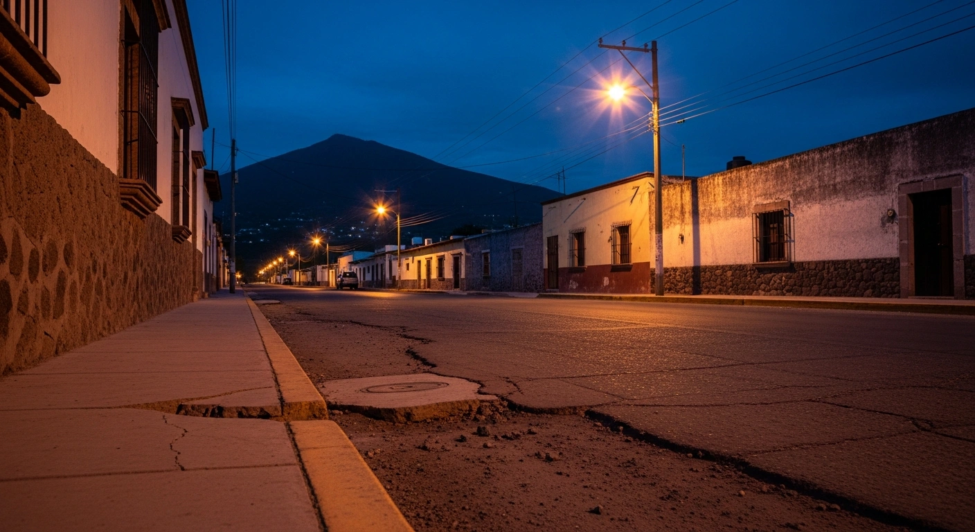 A quiet street in Tecomán, Colima, shows minor ground cracks following a magnitude 4.5 earthquake that occurred on August 12.