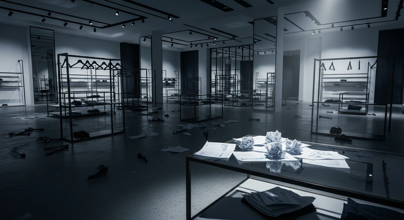Empty clothing racks and scattered financial documents inside a closed Ted Baker retail store signify the company's administration and the loss for unsecured creditors.