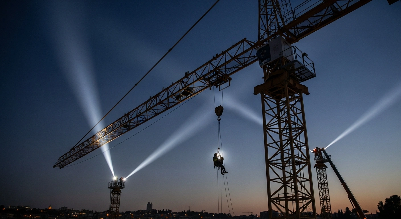 A 15-year-old boy is being carefully lowered by ropes from a towering 36-story construction crane in Jerusalem during a complex emergency rescue operation at dawn, illuminated by spotlights.