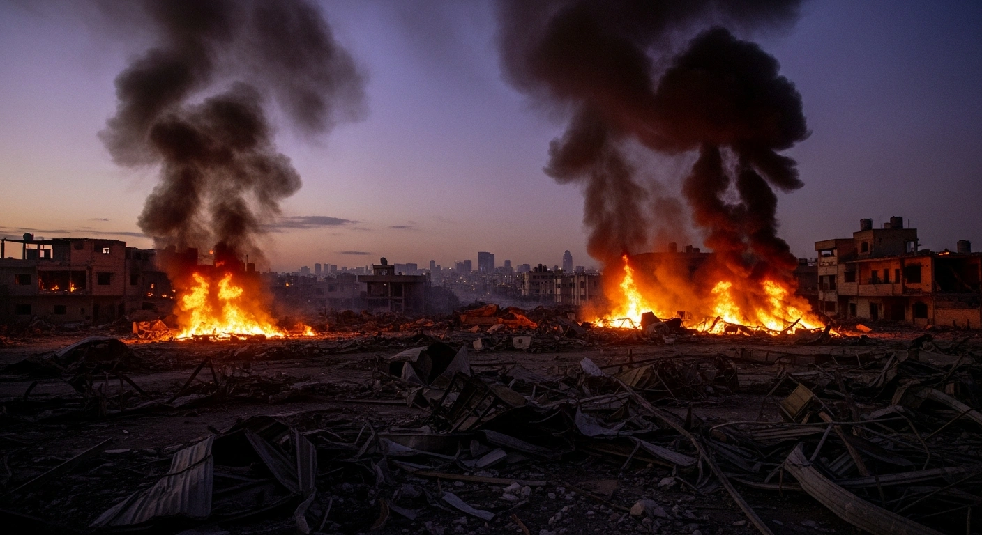 The smoldering ruins of a residential district near Tehran following reported airstrikes that caused multiple casualties.