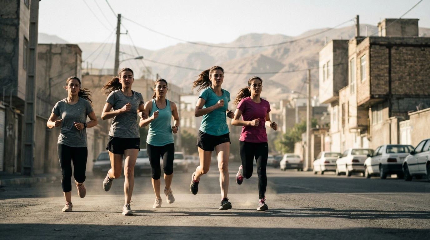 A group of women participate in a running event in Tehran while not wearing mandatory head coverings.