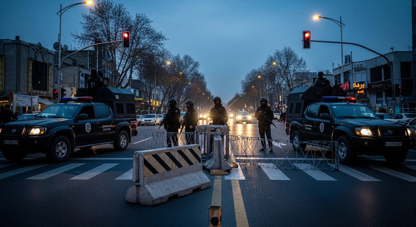 Iranian security forces stand guard at a newly established checkpoint on a busy street in Tehran during a period of increased patrols.