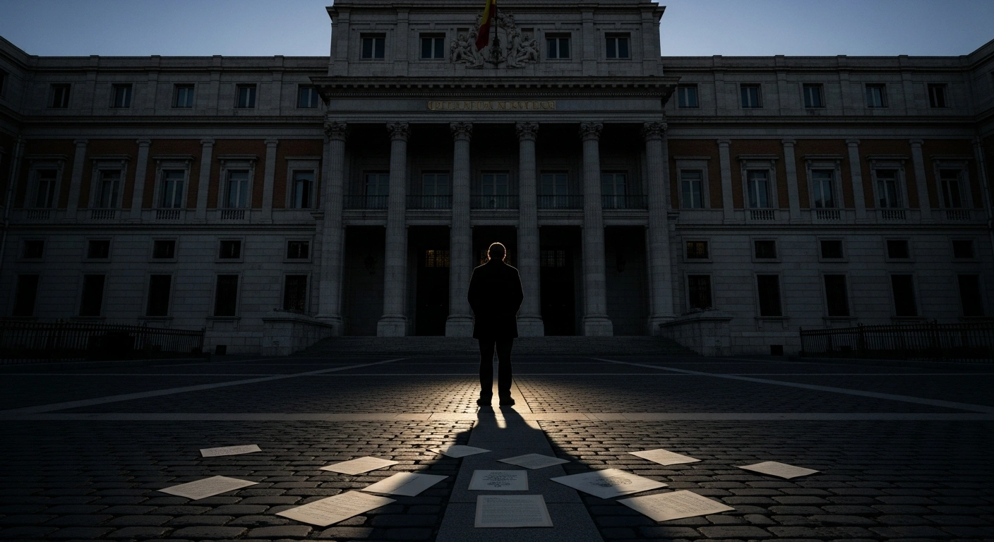A somber, low-angle image shows a silhouetted figure, representing Antonio Tejero Molina, standing before a historic Spanish parliamentary building at dusk, with glowing declassified documents scattered on the ground, symbolizing the declassification of 1981 23-F coup documents after his death.