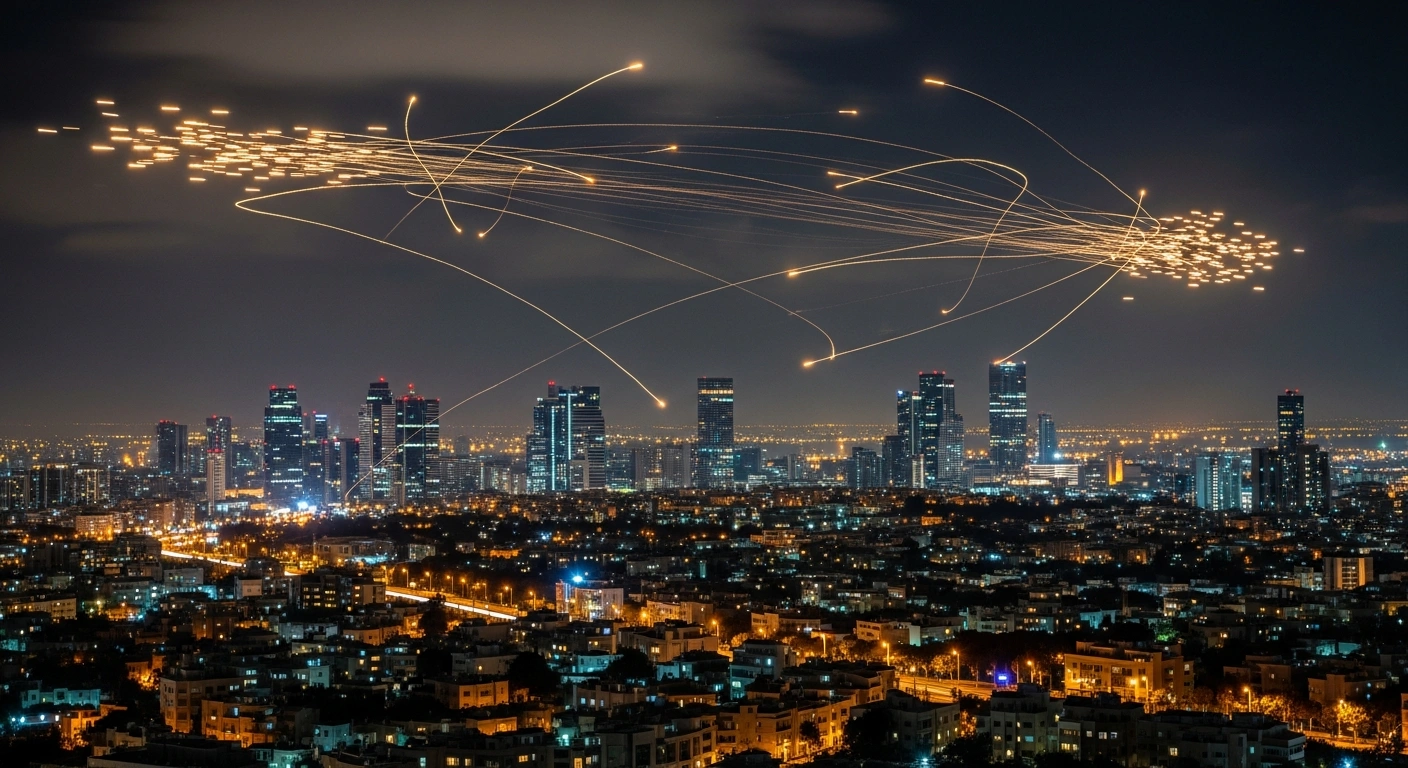 Nighttime view of the Tel Aviv skyline illuminated by interceptor missiles during a large-scale aerial attack.
