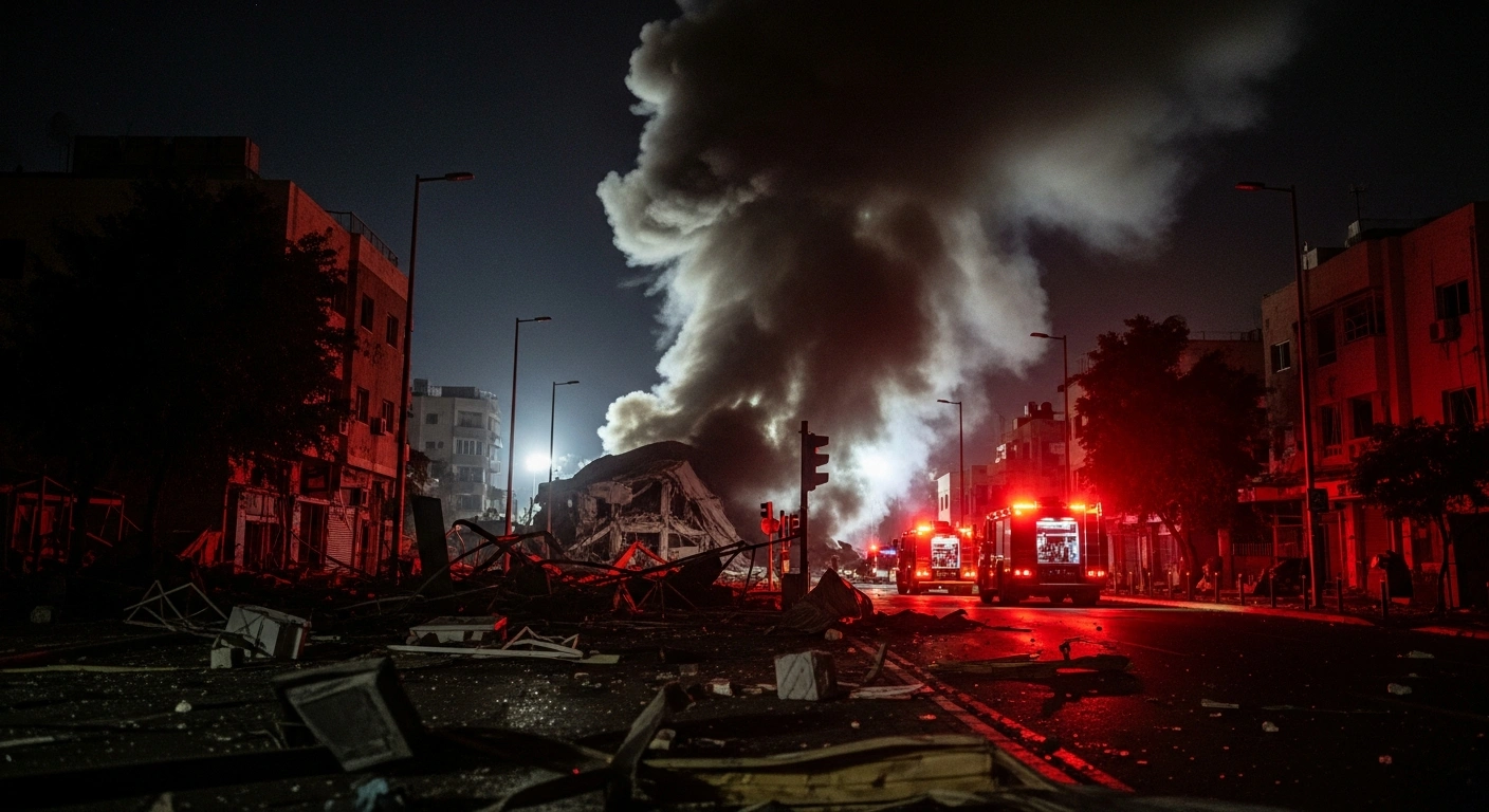 A wide, low-angle view of a devastated urban street in Tel Aviv at night, showing smoke rising from a collapsed building, debris, and the flashing lights of emergency vehicles, depicting the aftermath of an Iranian ballistic missile strike that killed a Philippine national and injured many others, marking an escalation between Israel and Iran.