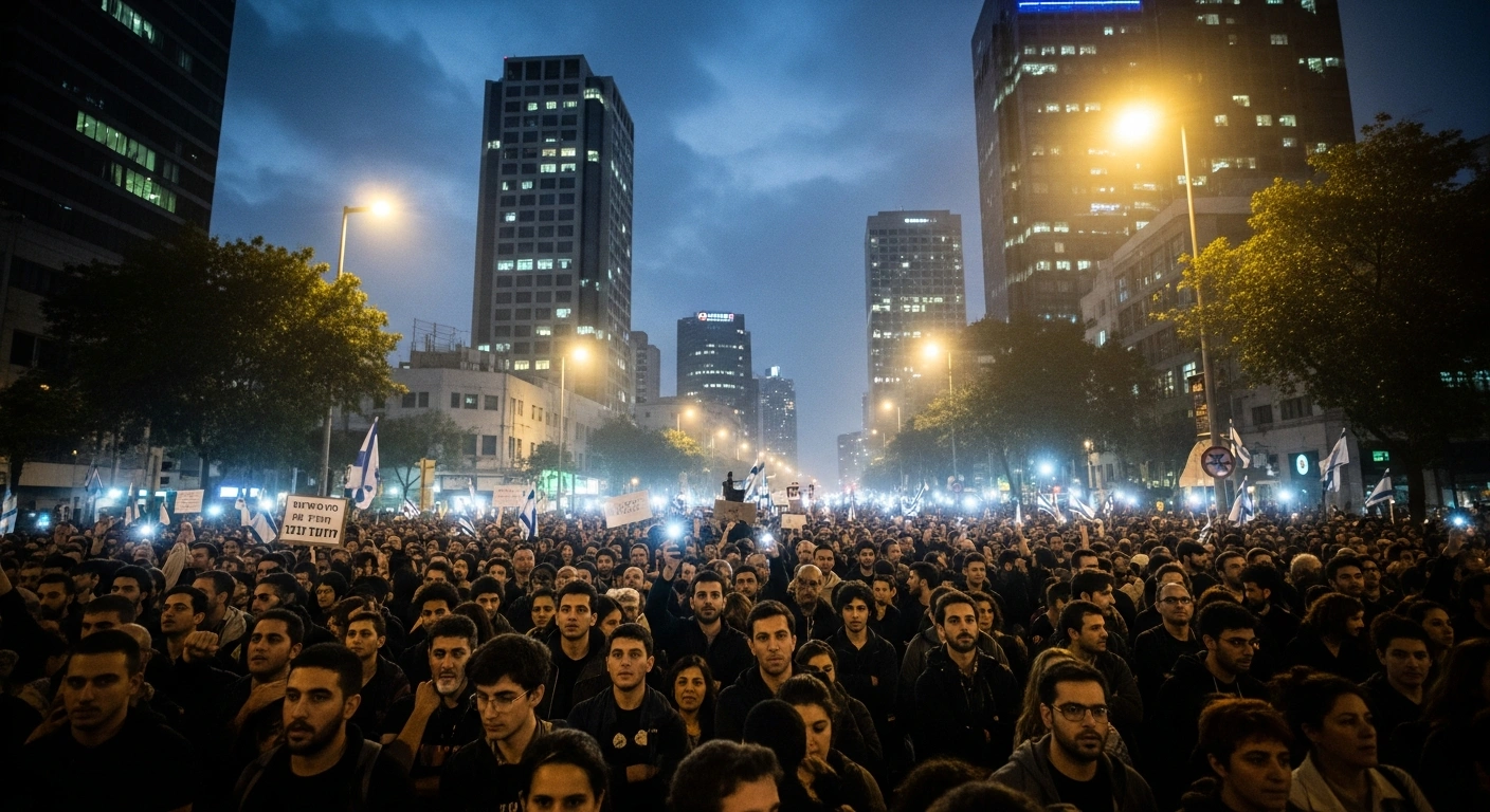 A vast crowd of protesters, illuminated by city lights and the glow of handheld devices, gathers in Tel Aviv at night, collectively demanding a state commission of inquiry into the failures surrounding the October 7, 2023, attack and true accountability.