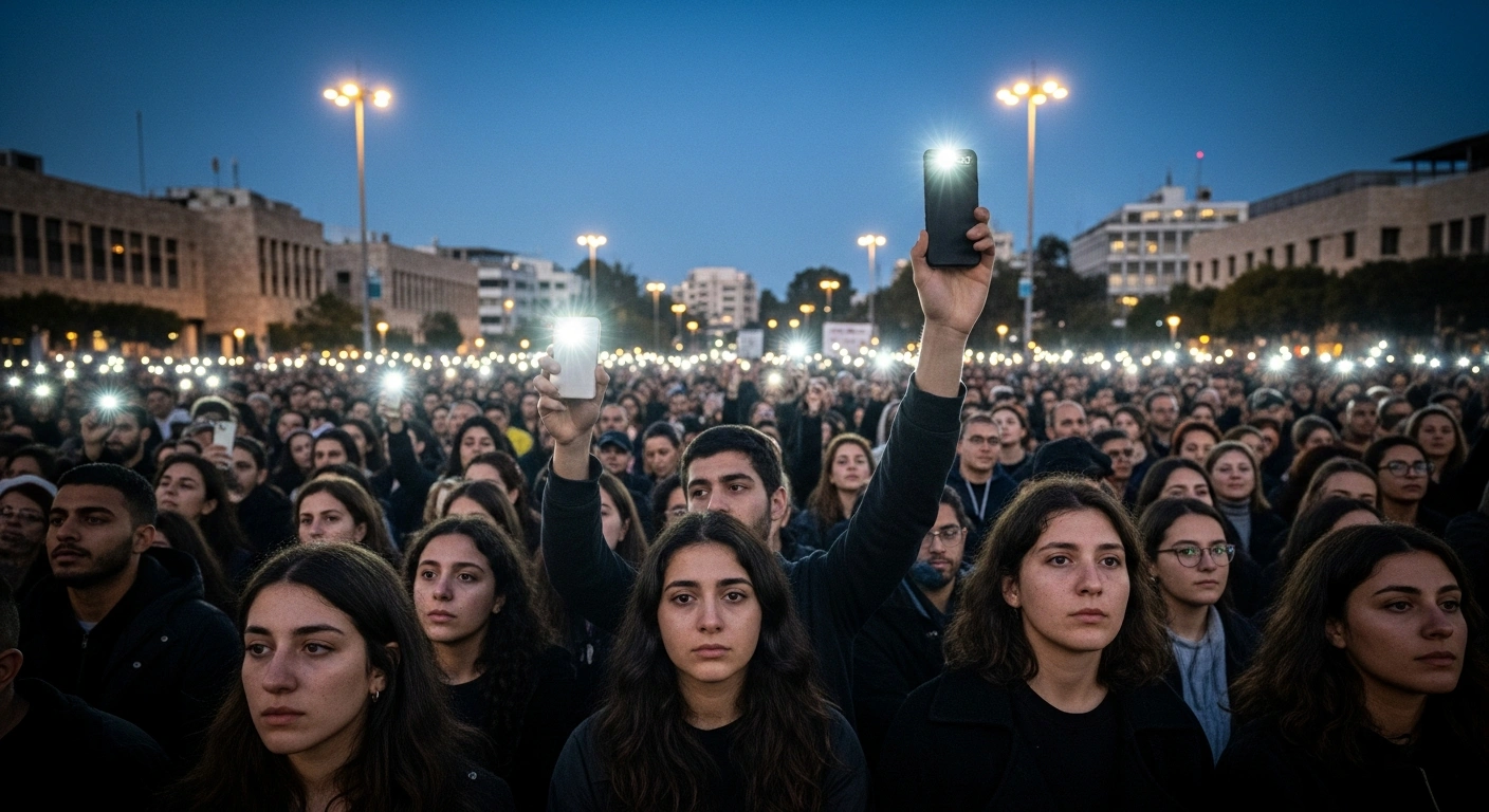 A large crowd of approximately 1,500 people, including former hostages and bereaved parents, gathers in Tel Aviv's Habima Square at dusk, illuminated by streetlights and handheld lamps, protesting and demanding an independent state commission of inquiry into the failures surrounding the October 7, 2023 attacks and calling for government accountability.