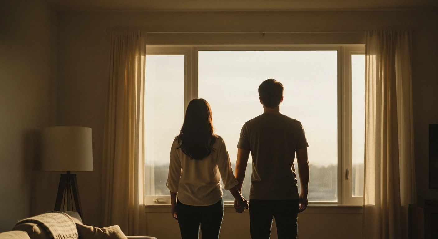 A couple stands together in a sunlit room, representing the legal victory for reproductive rights and surrogacy eligibility in India.