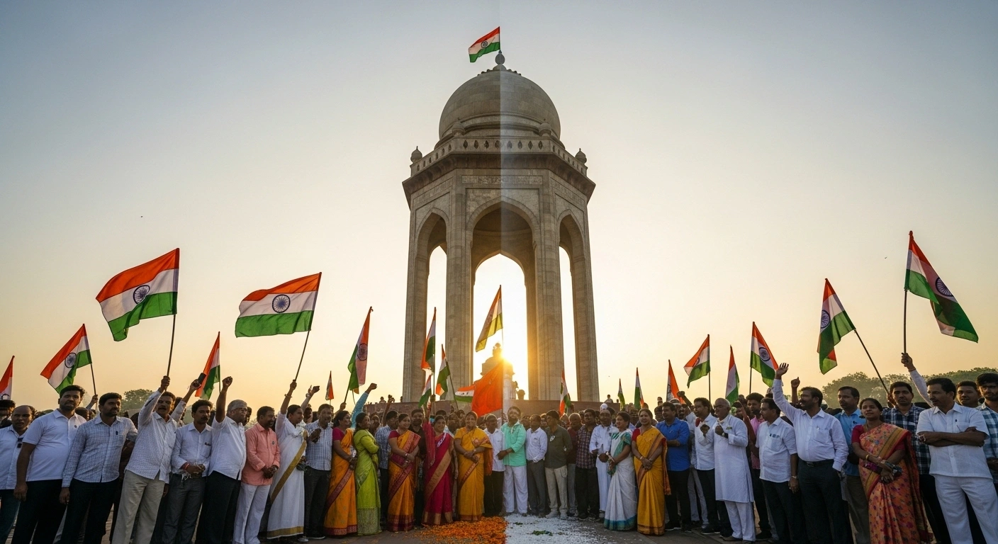 A historic monument in Telangana is depicted at dawn, with one side showing a vibrant, celebratory crowd raising flags under golden light, while the other side features a smaller, reflective gathering in cooler light, symbolizing the political divisions over Hyderabad State's accession to India and its varied commemorations.
