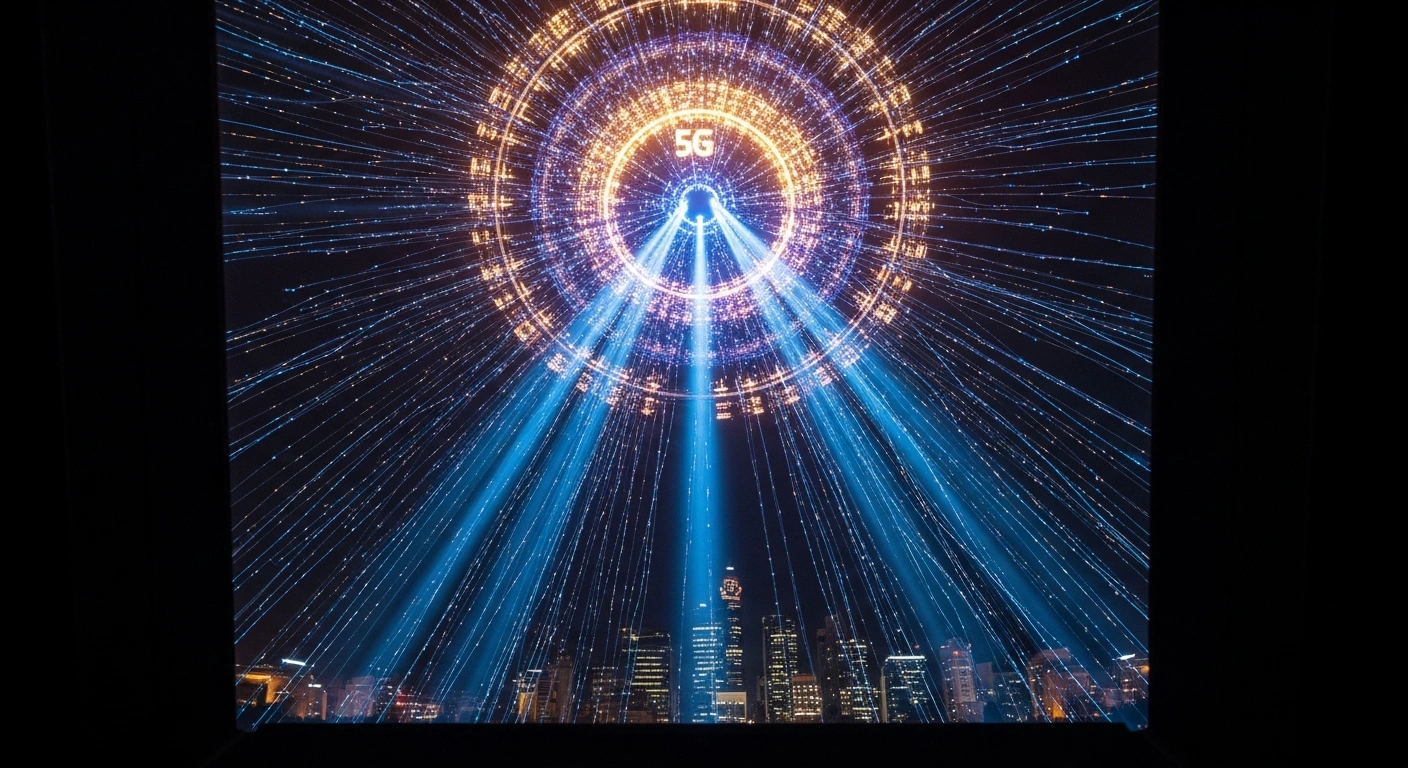 A low-angle, photorealistic image depicts the glowing, intricate core of an intelligent and resilient 5G network, with vibrant data streams radiating outwards towards a modern Argentine cityscape, symbolizing Telecom Argentina's leadership in 5G deployment, supported by investments and partnerships with Huawei and Nokia, driving digital transformation and economic growth in Argentina.