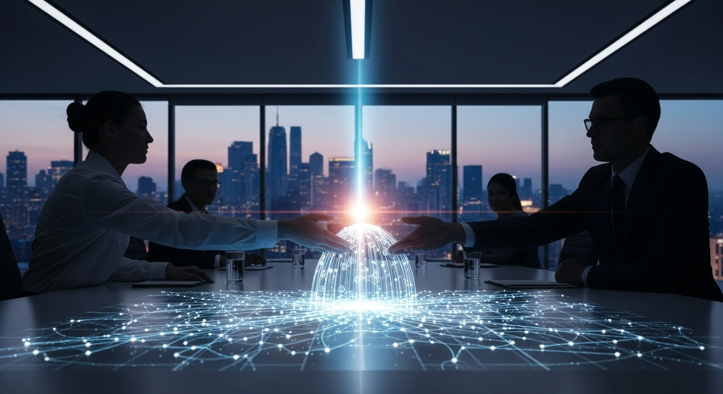 A dramatic, low-angle shot in a dimly lit boardroom shows two silhouetted hands exchanging a glowing, intricate model of a fiber network node over a polished table, symbolizing Telefónica Chile's evaluation of selling its 40% stake in ON Net Fibra to Inversiones Telefónica Internacional Holding for debt reduction and asset optimization.