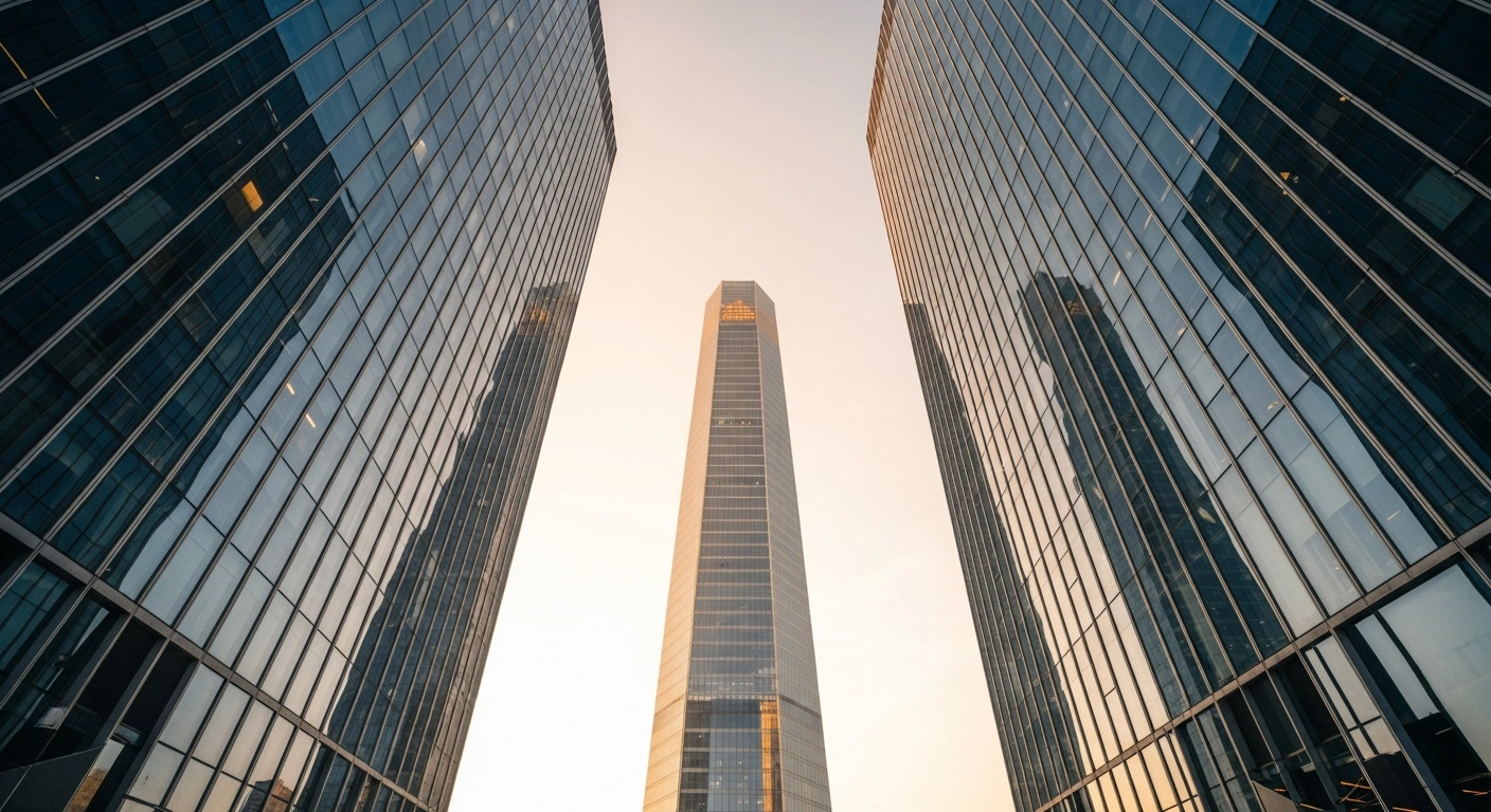 A modern glass skyscraper stands in a Spanish city during sunrise, representing the strategic corporate brand simplification of Telefónica.