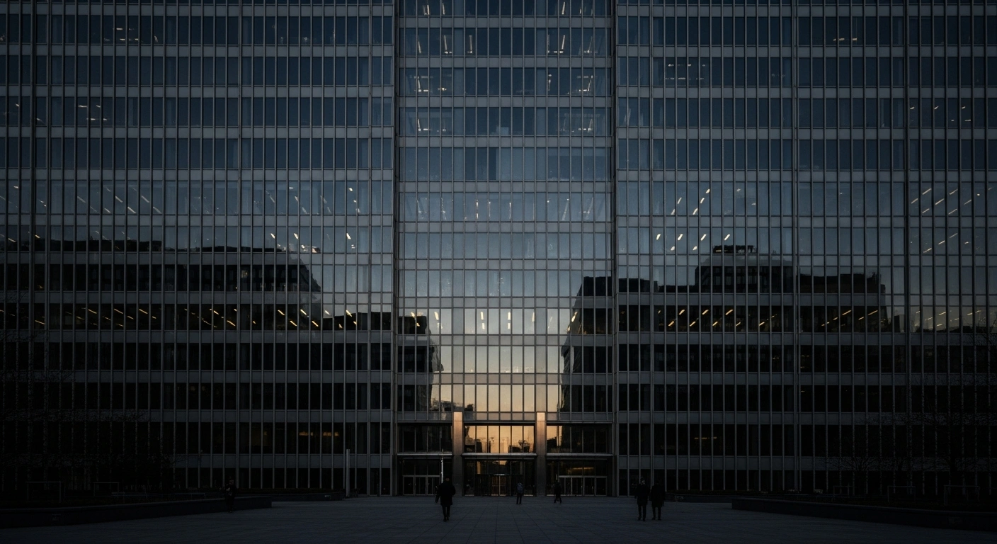 A modern corporate skyscraper stands at dusk, its windows reflecting the fading light, as a few small figures walk away from the entrance, visually representing Telefónica's agreement with Spanish trade unions for a voluntary departure plan reducing its workforce by 4,525 employees, provisioning 2.5 billion euros for up to 5,500 departures to achieve 600 million euros in annual savings.