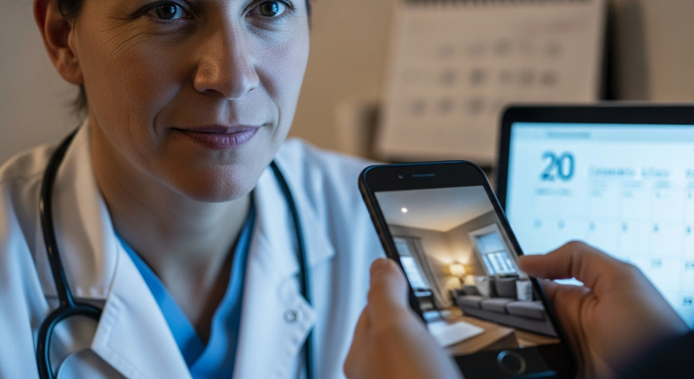 A doctor's face is softly illuminated by a laptop screen during a telemedicine consultation, with a patient's hand holding a smartphone in the foreground, symbolizing the extended telemedicine flexibilities for prescribing controlled medications by HHS and DEA.