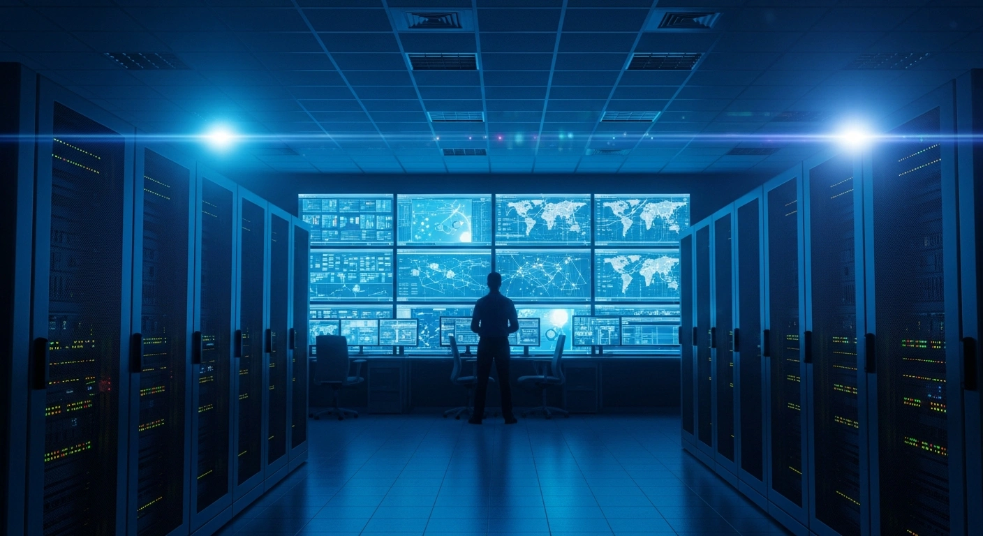 A technician monitors a large digital network control center during a nationwide Telstra internet and mobile service outage.