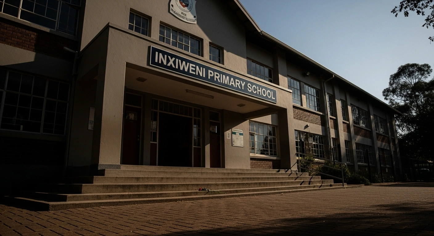 A wide, low-angle shot of the administration block entrance at Inxiweni Primary School in Tembisa, South Africa, illuminated by the melancholic glow of late afternoon sun, with a single wilting flower on the steps, depicting the scene of a tragic shooting incident.