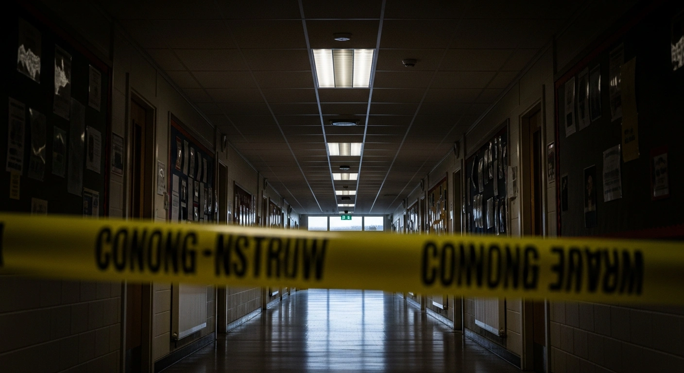 Yellow crime scene tape blocks a dimly lit corridor within a primary school administration block, representing the site where a principal and administrative staff member were shot dead at Inxiweni Primary School in Tembisa, South Africa, now under police investigation.