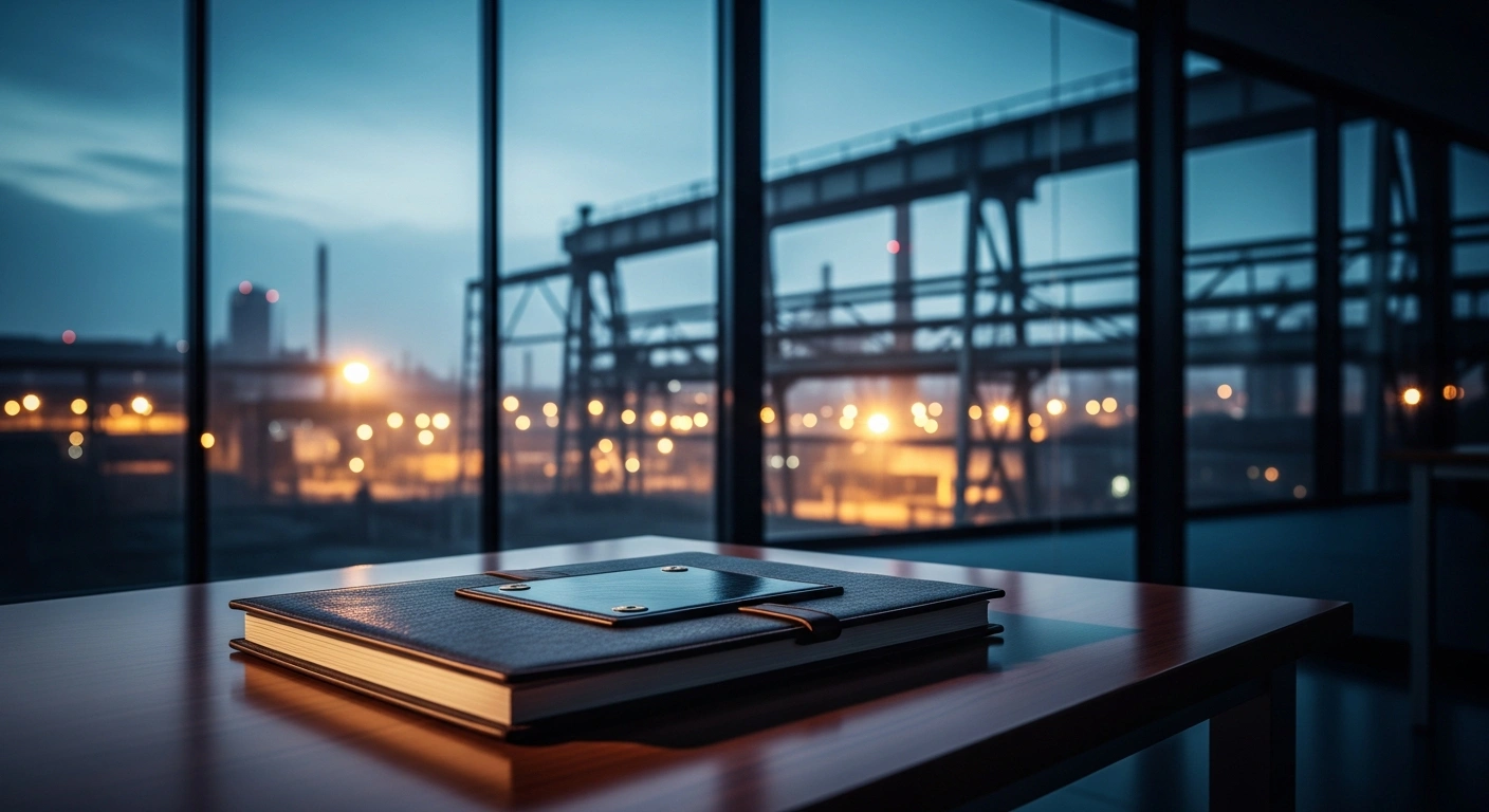 A professional document representing the Tenaris S.A. 2025 annual report rests on a desk overlooking a steel manufacturing facility.