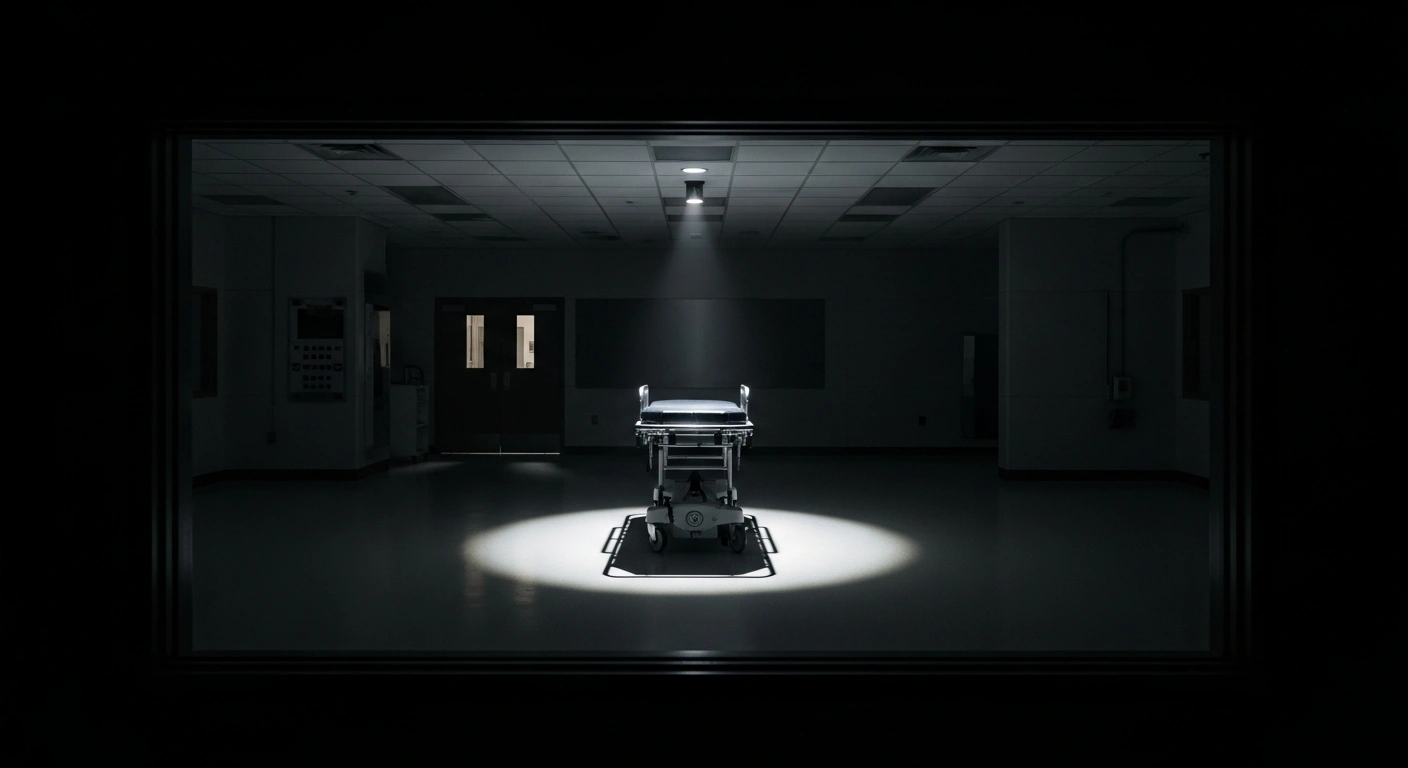 An empty medical gurney inside a sterile observation room represents the last-minute cancellation of the lethal injection execution of Oscar Smith in Tennessee.