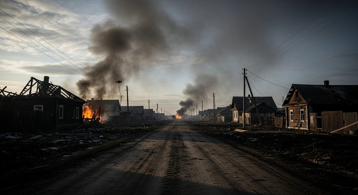 The smoldering ruins of a building in the village of Terebreno in the Belgorod region following a deadly Ukrainian drone strike.