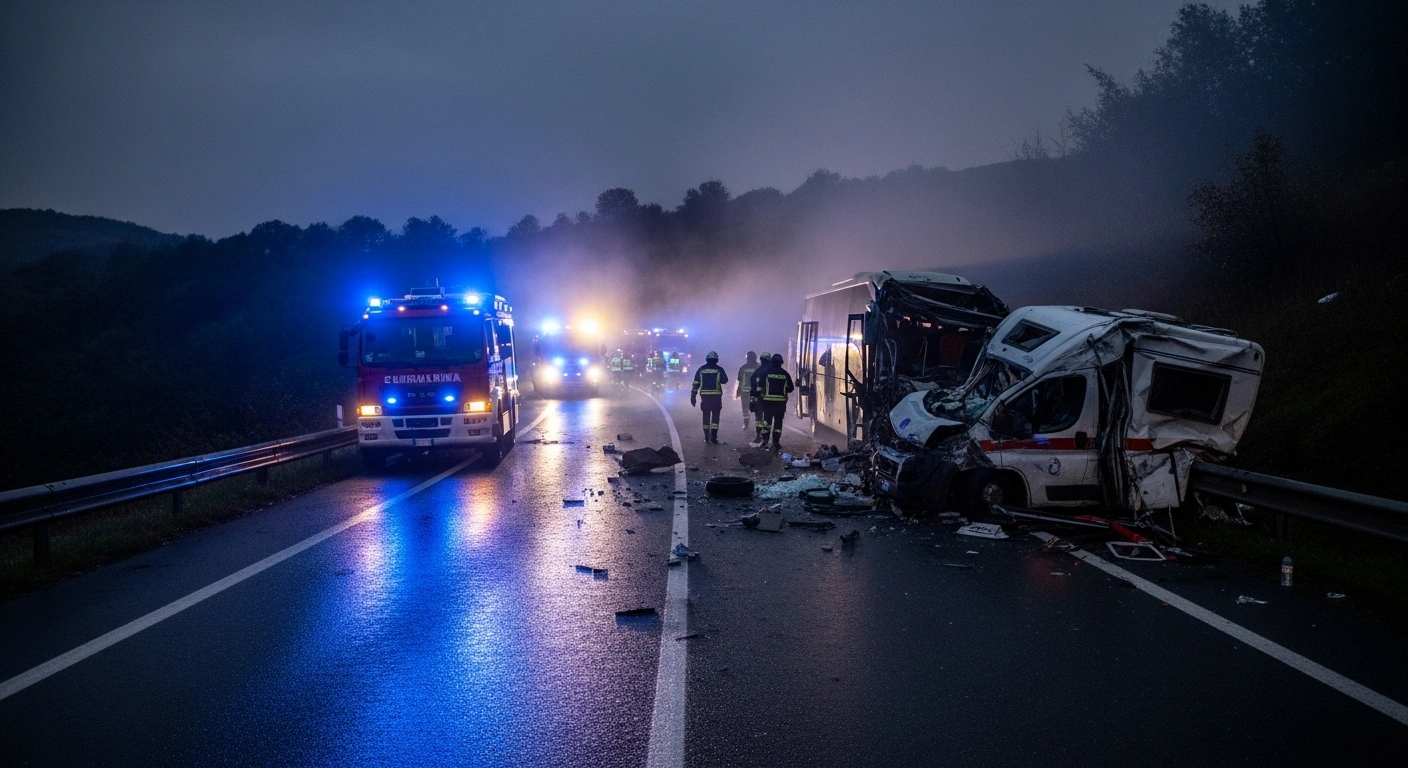 Emergency responders work at the scene of a fatal head-on collision between a camper van and a bus on the SS79 Ternana highway in Italy.