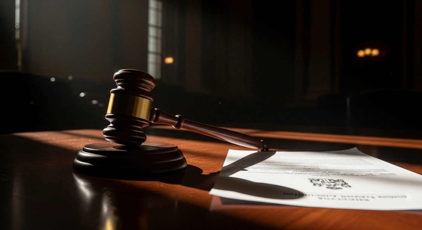 A heavy wooden gavel rests on a polished table next to official documents, symbolizing the Supreme Court of Canada's decision to annul the 2025 federal election results in the Terrebonne, Quebec, district, leading to its declaration of vacancy by the Chief Electoral Officer.