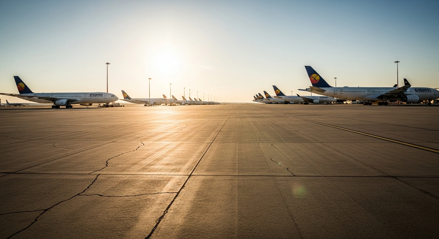 Multiple commercial airplanes are parked in long-term storage at Teruel Airport in Spain due to regional airspace disruptions.