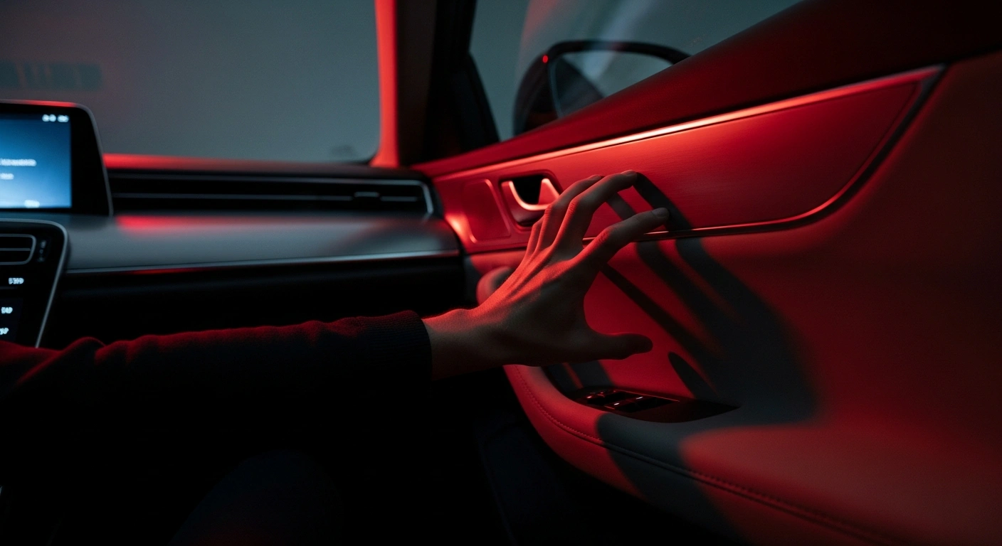 A close-up shot inside a dark Tesla Model 3 interior shows a person's hand urgently searching for a hidden emergency door release mechanism on the door panel, illustrating concerns about occupant egress during an emergency.