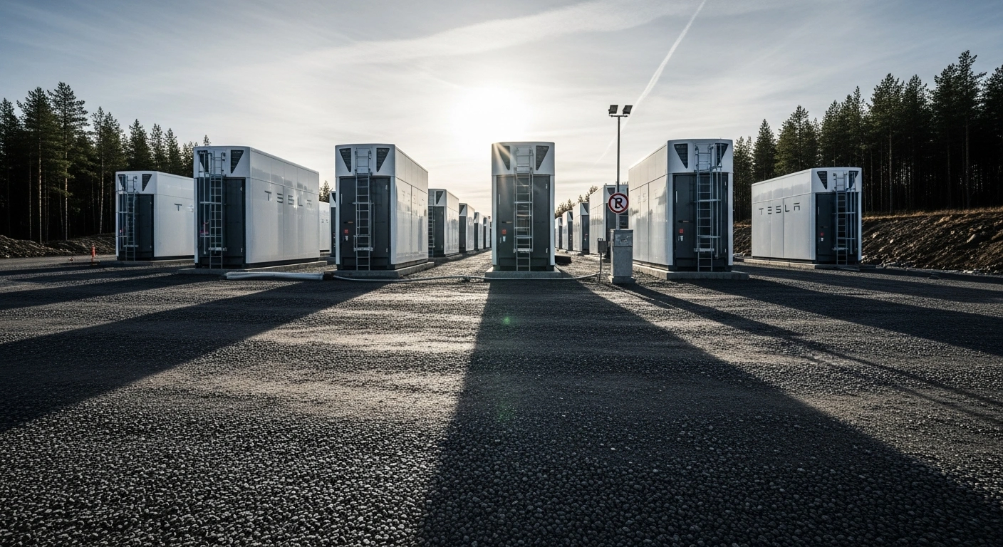 A Tesla Megapack energy storage site stands in a remote Swedish landscape as part of an ongoing labor dispute investigation.