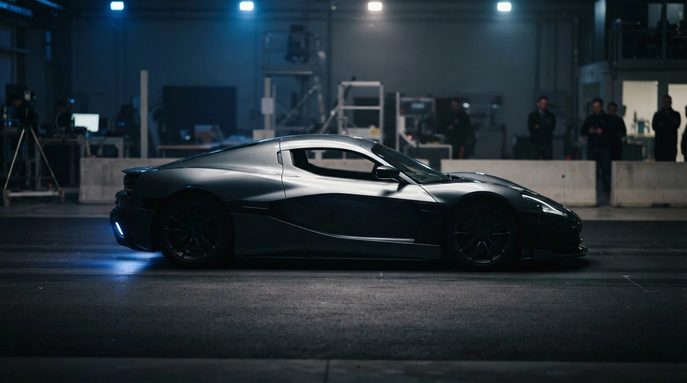 A futuristic Tesla Roadster prototype sits on a testing track with visible thruster technology integrated into its rear design.