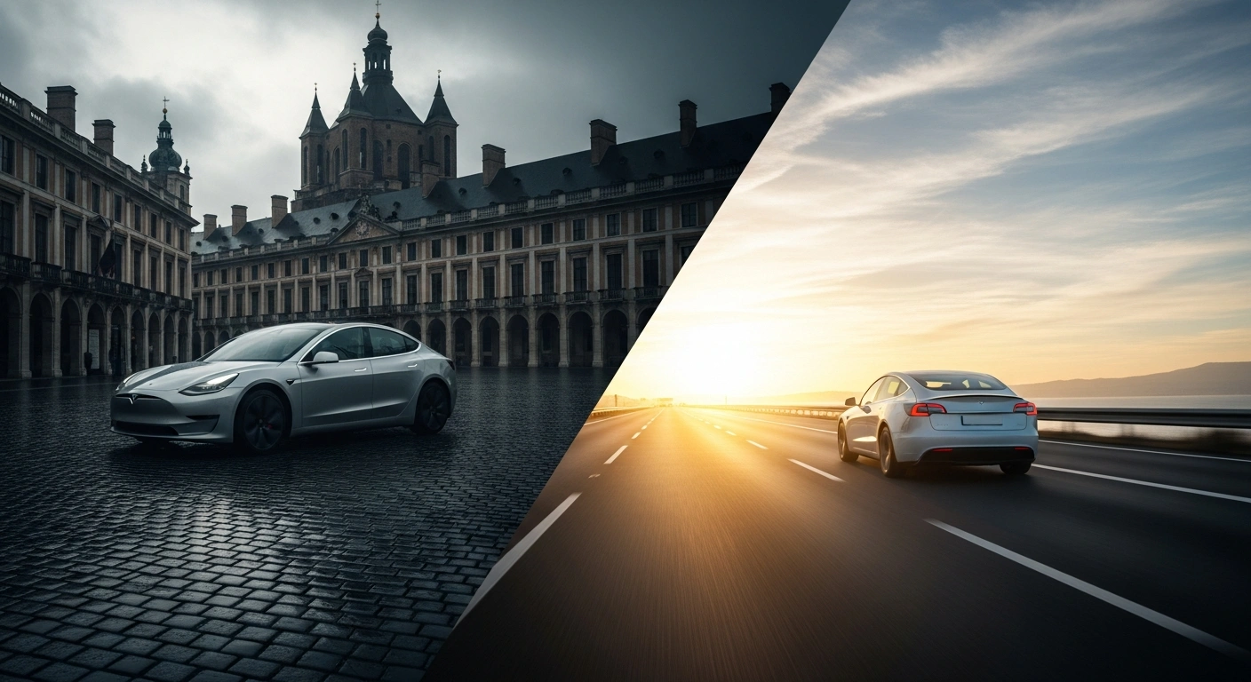 A photorealistic image depicts a sleek electric vehicle partially obscured by shadows in a dimly lit, rain-slicked European city square, symbolizing Tesla's significant sales declines in several European markets in January 2026, juxtaposed with a brightly lit, identical EV speeding confidently on a modern, sun-drenched highway, representing its notable sales increase in Spain amidst growing competition and an aging product lineup.