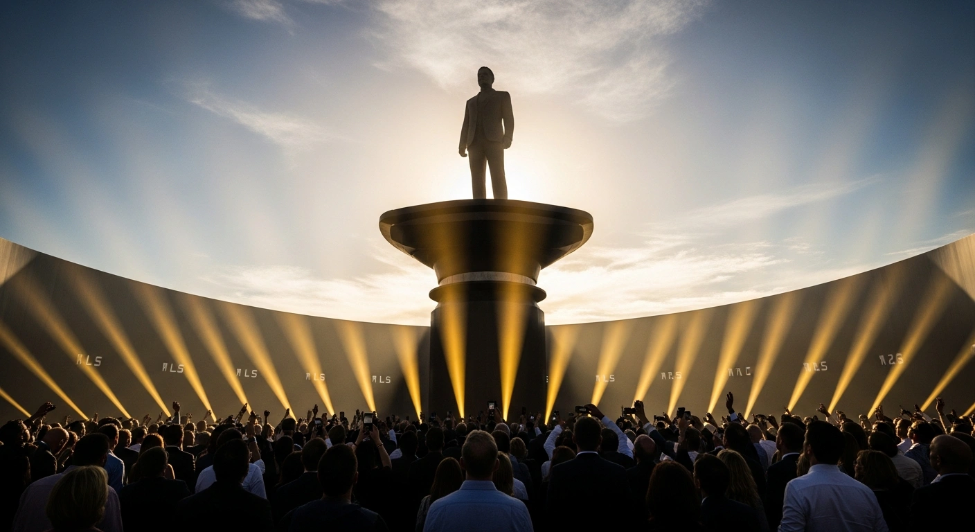 A grand, futuristic scene depicts a towering figure, representing Elon Musk, standing on a platform bathed in golden light, with a vast crowd of shareholders looking up in approval, symbolizing the overwhelming vote for his compensation package at Tesla's annual meeting in Austin, Texas.