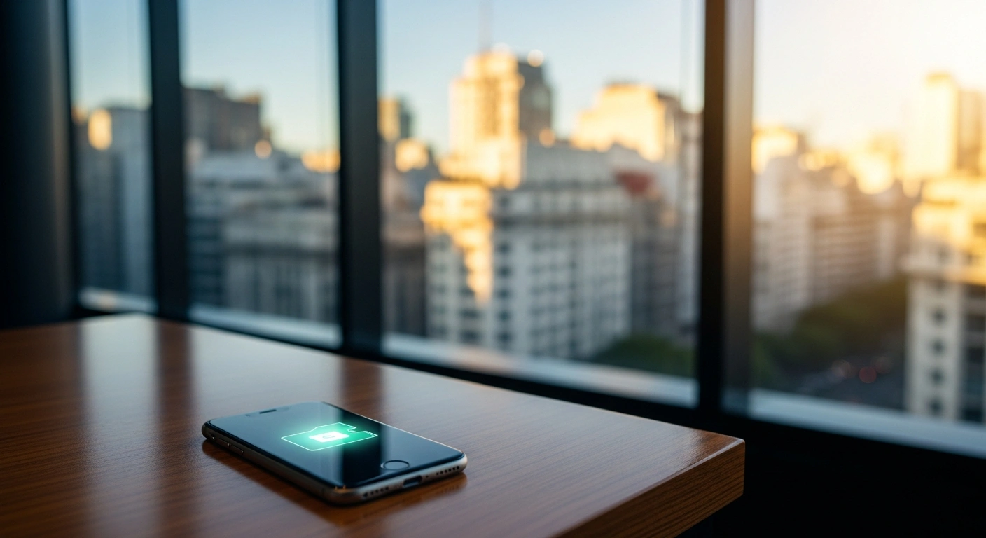 A smartphone displaying a digital finance app rests on a desk in a modern office, representing Tether's investment in the Argentine bank Ualá to improve financial infrastructure.