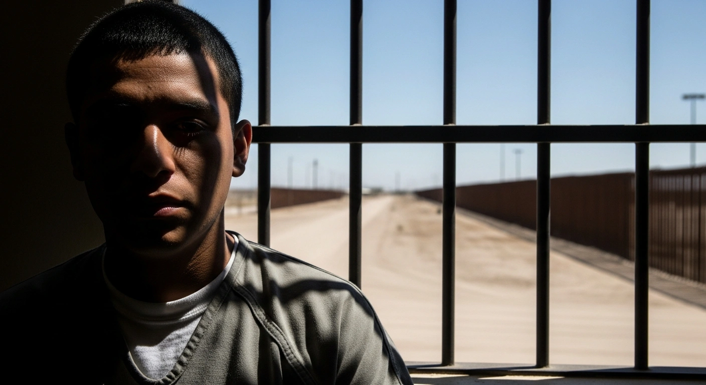 A young man, representing Ivan Alexys Oseguera Vara, stands behind prison bars, looking out at a desolate, sun-baked landscape with a distant border fence, symbolizing his sentencing in Laredo, Texas, for attempting to smuggle firearms into Mexico.