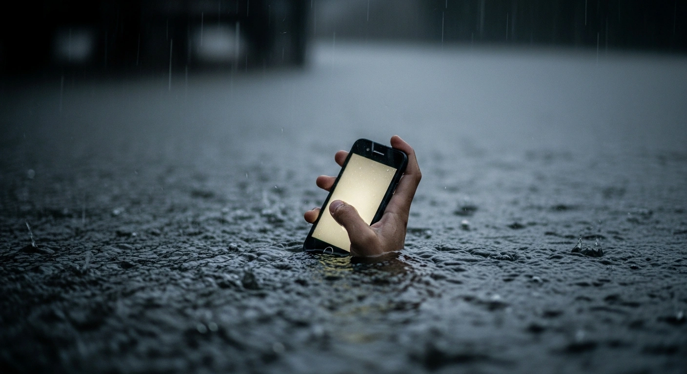 A trembling hand, illuminated by a smartphone screen, clutches the device as murky floodwaters rise around it, symbolizing the desperate 911 calls made during the catastrophic July 2025 Texas Hill Country flash floods that claimed over 130 lives.
