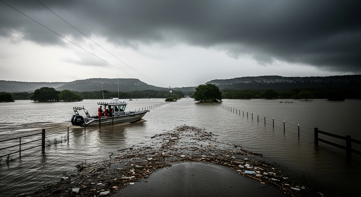 Emergency rescue crews navigate a boat through deep floodwaters in the Texas Hill Country following catastrophic rainfall.